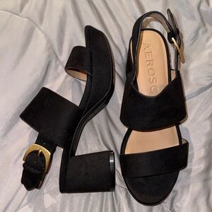 AEROSOLES Camera Platform Black Faux Suede Women's Sandals